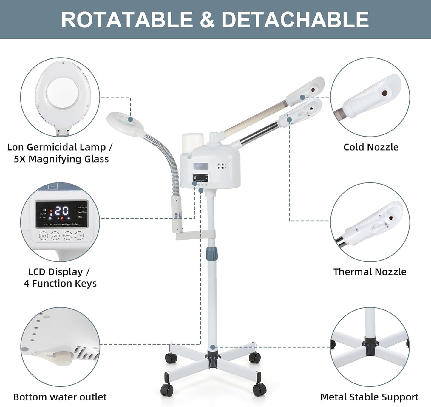VARIPOWDER 3 in 1 Professional Facial Steamer for Face with Hot & Cold Nozzle 5X Magnifying Lamp Face Steamer for Esthetician vaporizador Facial Use at Home or Spa