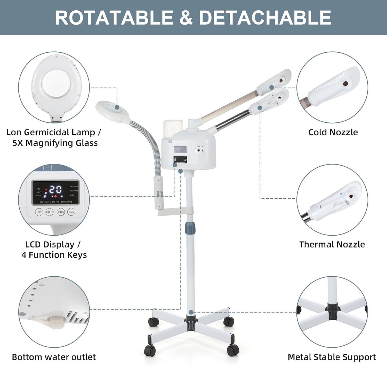 VARIPOWDER 3 in 1 Professional Facial Steamer for Face with Hot & Cold Nozzle 5X Magnifying Lamp Face Steamer for Esthetician vaporizador Facial Use at Home or Spa