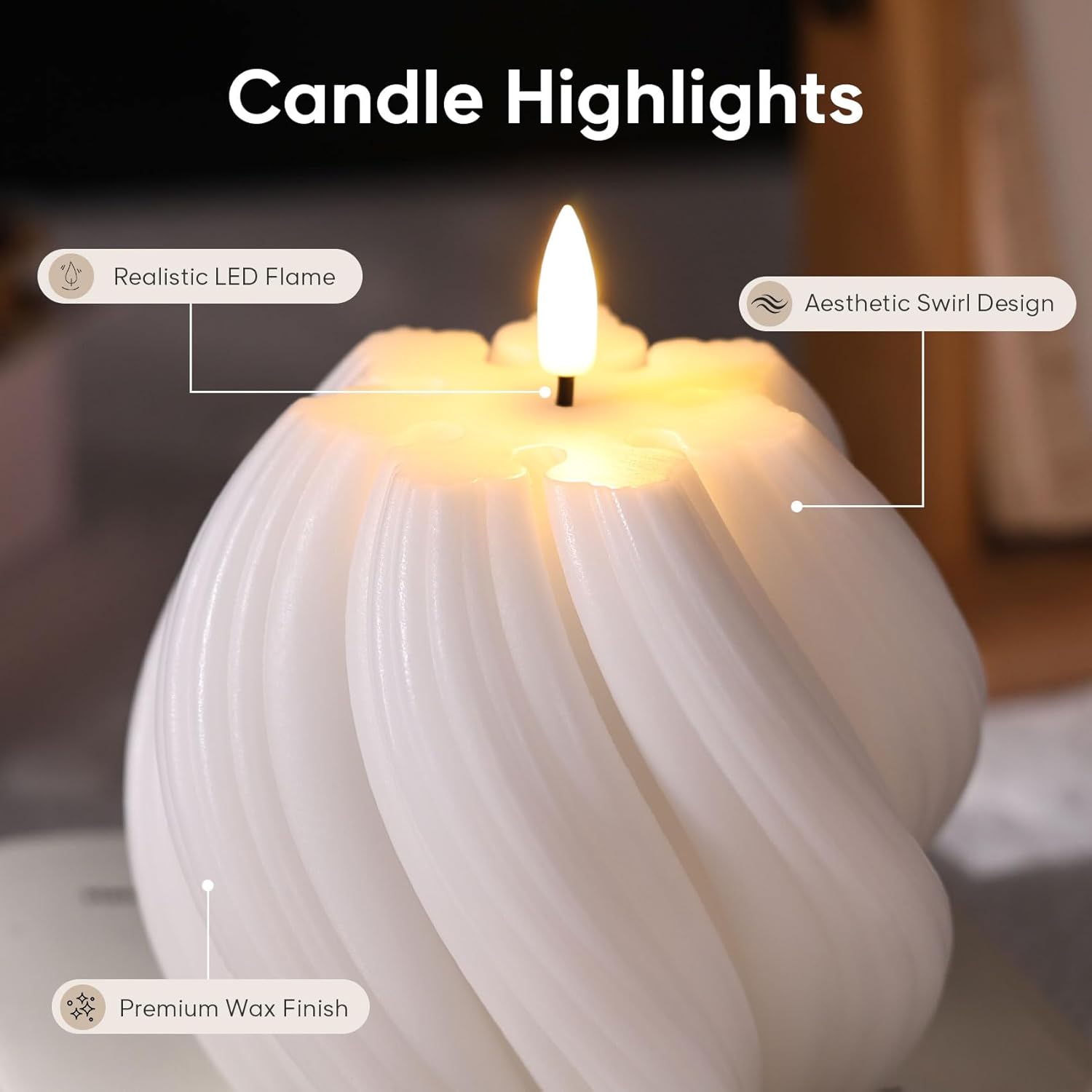 White Swirl Flameless Candles with Remote, Aesthetic Twirl LED Pillar Candle Housewarming Gift Home Shelf Decor 1 Pack