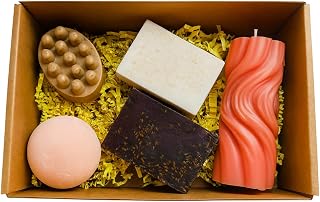 Handmade Soap Gift Set – 5 Natural Soaps Bars, Bath Bomb, Massage Bar Soap – Natural Relaxing Self Care Gift