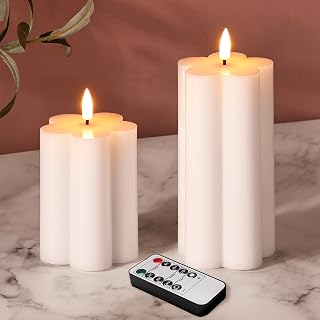 White Flameless Pillar Candles with Remote, Flickering LED Wax Candles Battery Operated Aesthetic Home Decor Set of 2