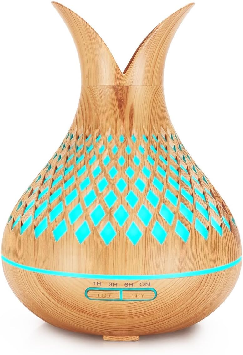 500ml Ultrasonic Aromatherapy Essential Oil Diffuser, Wood Grain Cool Mist Humidifier with Remote Control, Timer & 7 LED Colors Light for Bedroom Home Office