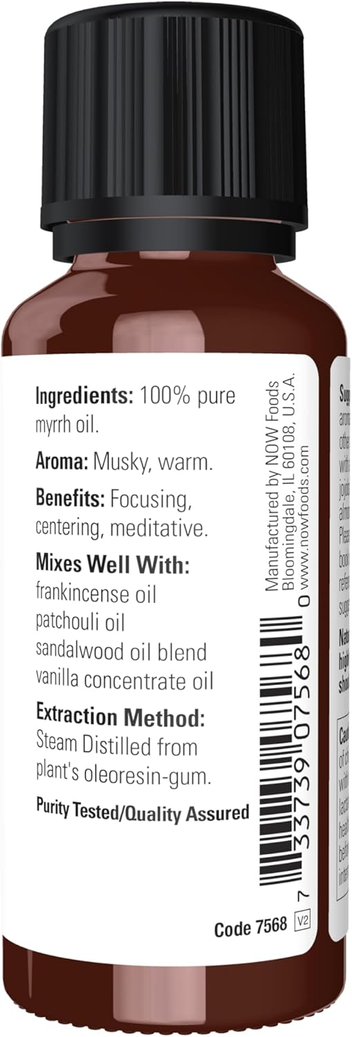 NOW Essential Oils, Myrrh Oil Blend, Meditative Aromatherapy Scent, Steam Distilled, 100% Pure, Vegan, Child Resistant Cap, 1-Ounce