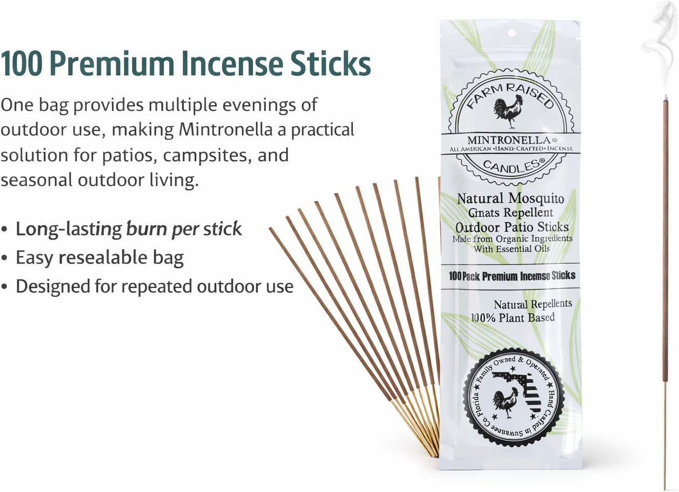 Mintronella USA Made Citronella & Peppermint Mosquito Repellent Incense Sticks – 100 Pack – Natural Bug & Insect Repellent – Outdoor Camping, Patio Decor – No‑See‑Um & Gnats, Fly
