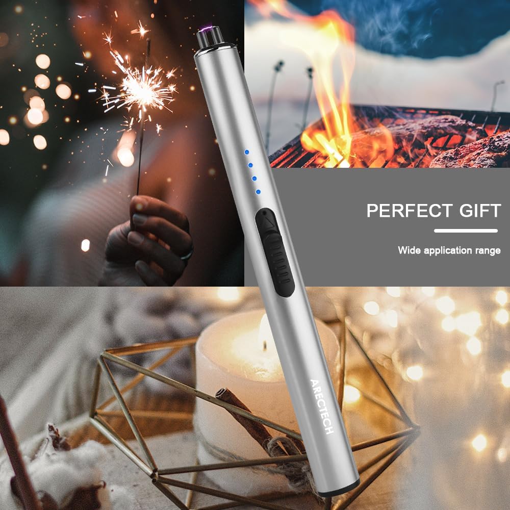 ARECTECH Electric Candle Rechargeable Lighter Arc Plasma Lighters for Candle Kitchen Camping Christmas Type-C Silver