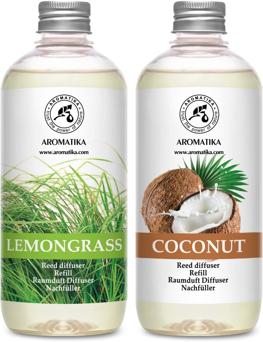 Lemongrass Reed Diffuser Refill & Reed Diffuser Refill Coconut - 2 x 17 Fl Oz - Fresh & Long Lasting Fragrance - Reed Diffuser Oil Refill for Aromatherapy - Home - Office - Restaurant