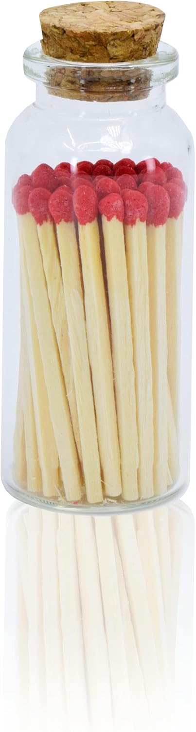 Chandler Studio 40+ Matchsticks Jar Safety Matches in Jar - Strike On Bottle Glass Jar 2" Inch Matchsticks (40 Matchsticks Jar, Red)