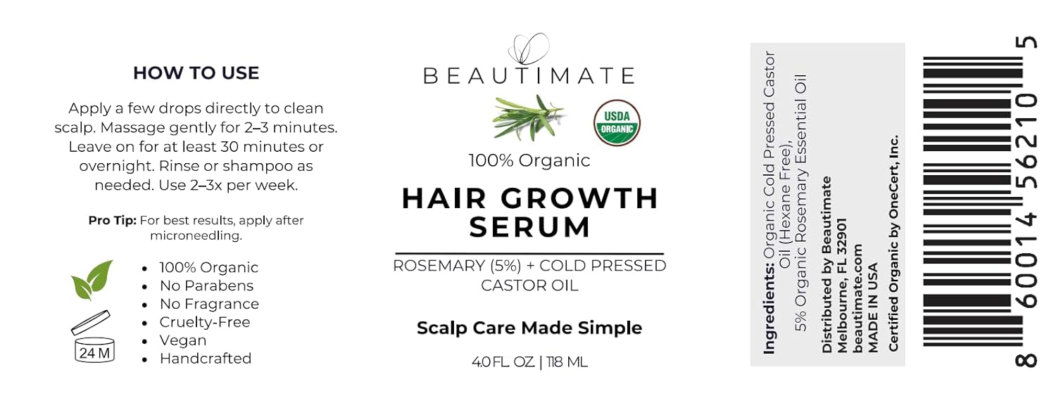 beautimate USDA Organic Rosemary Hair Growth Serum – 5% Rosemary & Castor Oil Blend for Thicker, Fuller Hair – Natural Scalp Treatment for Thinning Hair – Made in USA, Vegan, Cruelty-Free, Jumbo 4oz