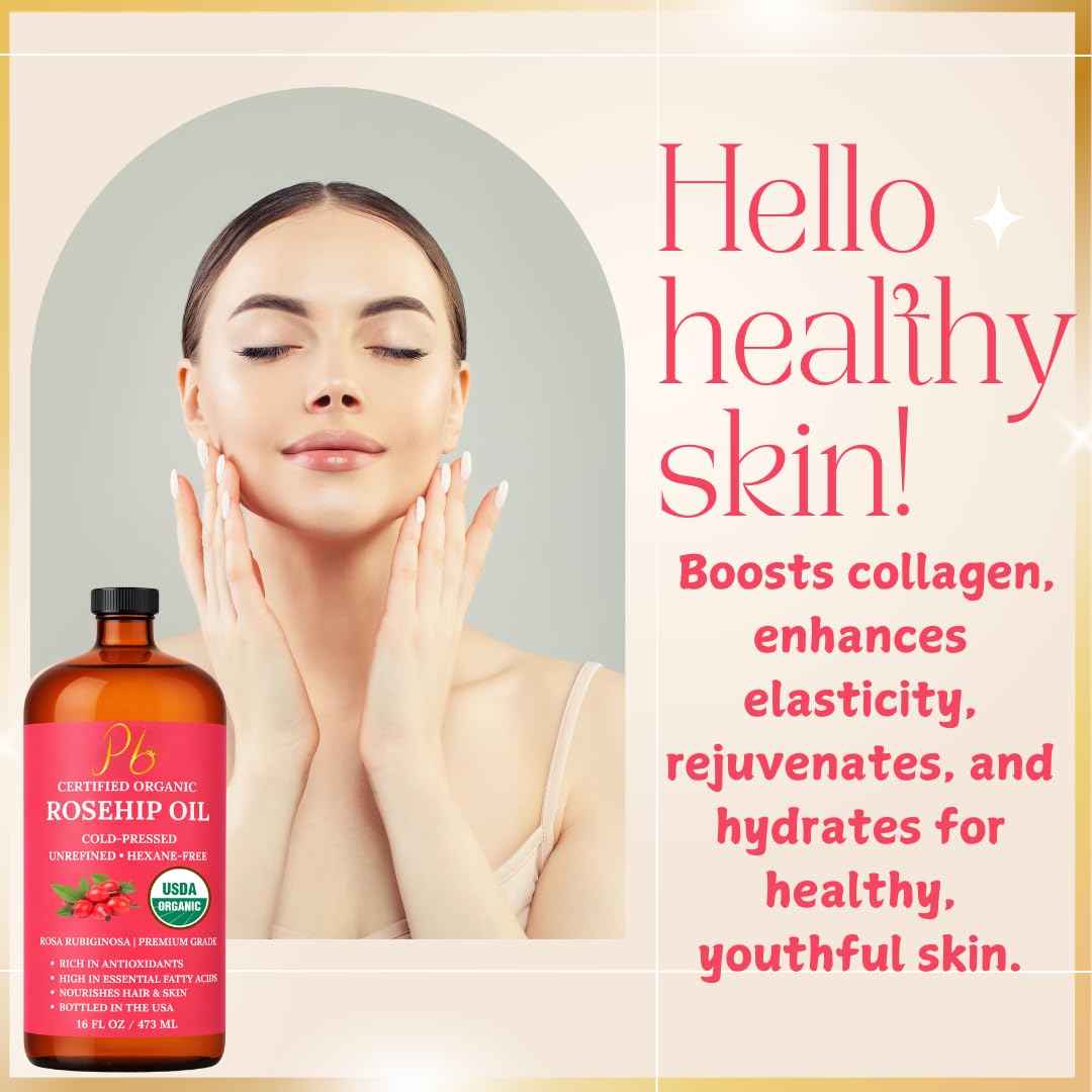 Rosehip Oil – USDA Organic 100% Pure, Cold-Pressed & Unrefined, Rosehip Oil for Face, Skin & Hair– Helps Reduce the Appearance of Fine Lines & Wrinkles – Rose Hip Seed Oil16 fl oz Glass Bottle