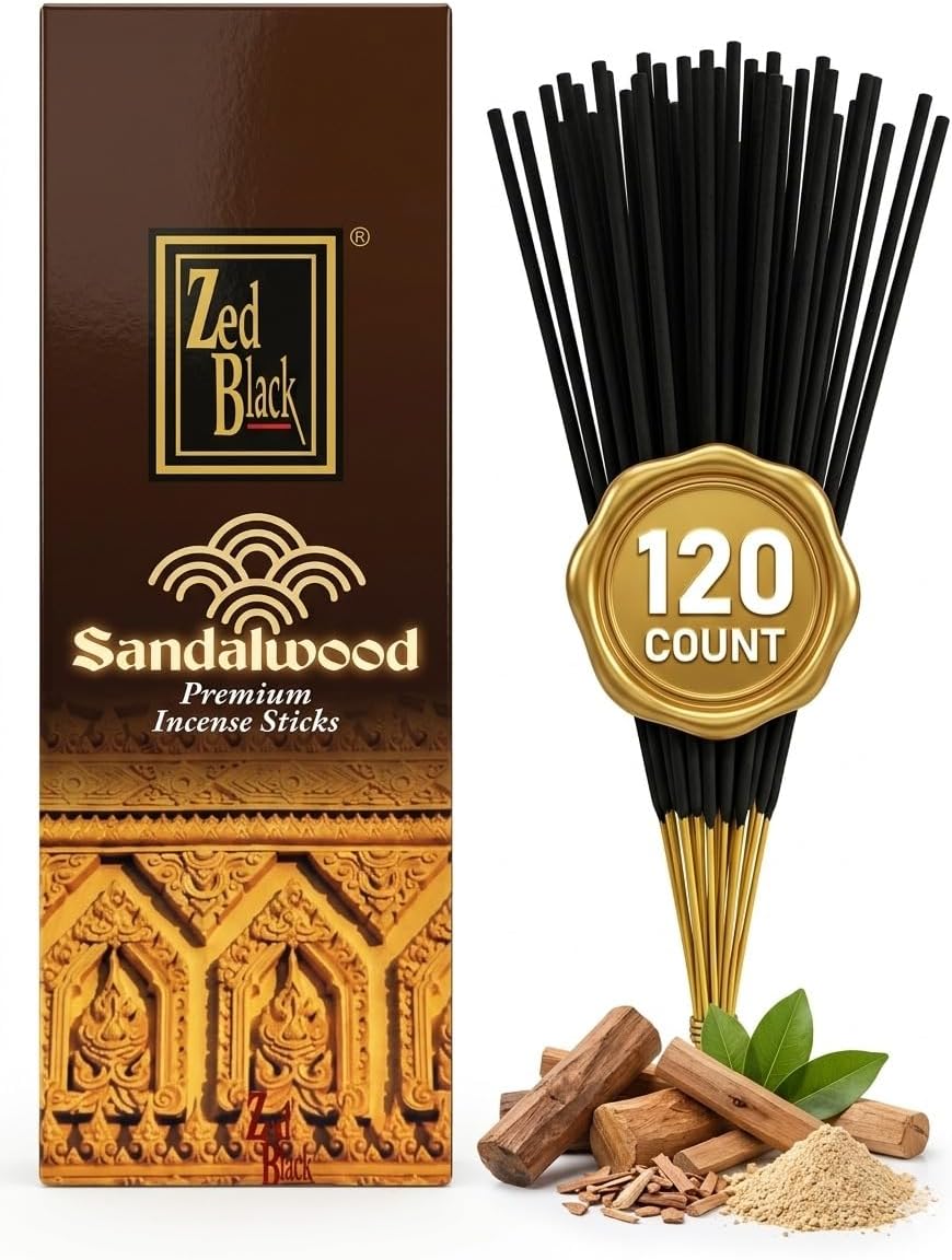 Sandalwood Incense Sticks -120 Count | Hand-Rolled, Long-Lasting Sandalwood Aroma | Ideal for Meditation, Relaxation, Yoga & Spiritual Balance I Zed Black