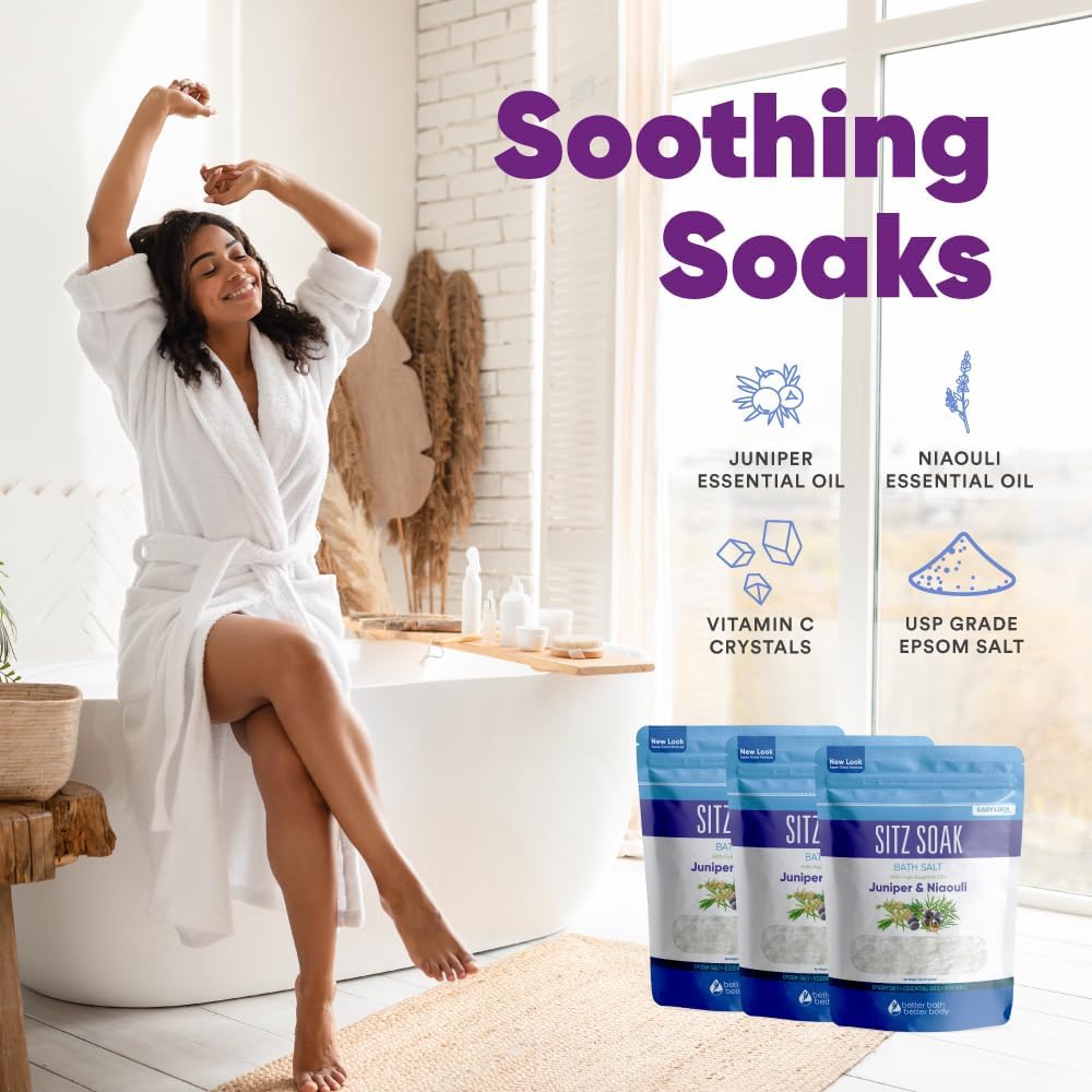 Sitz Bath Salt (3 Pack Soaks Bundle) Hemorrhoid Soothing Sitz Soak USP Grade Epsom Salt 3 Pouches 6 Lbs Total with Pure Essential Oils in BPA Free Pouch with Easy Press Seal Made in USA