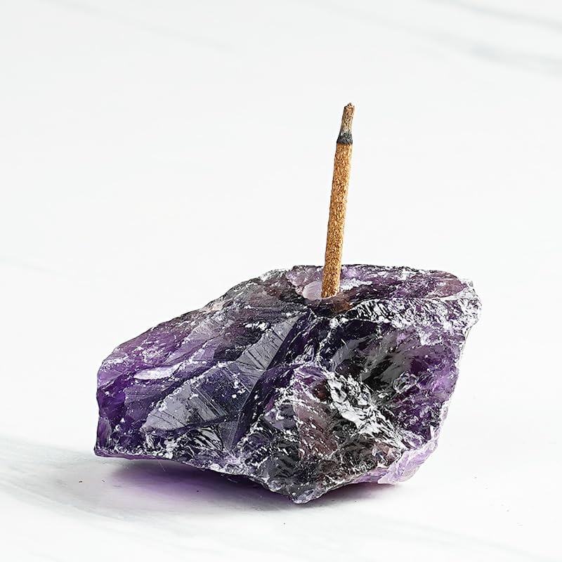 Natural Raw Crystal Incense Holder Set - 3 Unpolished Amethyst/White Quartz/Pink Stone (3-5cm), Aromatherapy Gift for Meditation, Yoga & Home Decor, Healing Energy Stone
