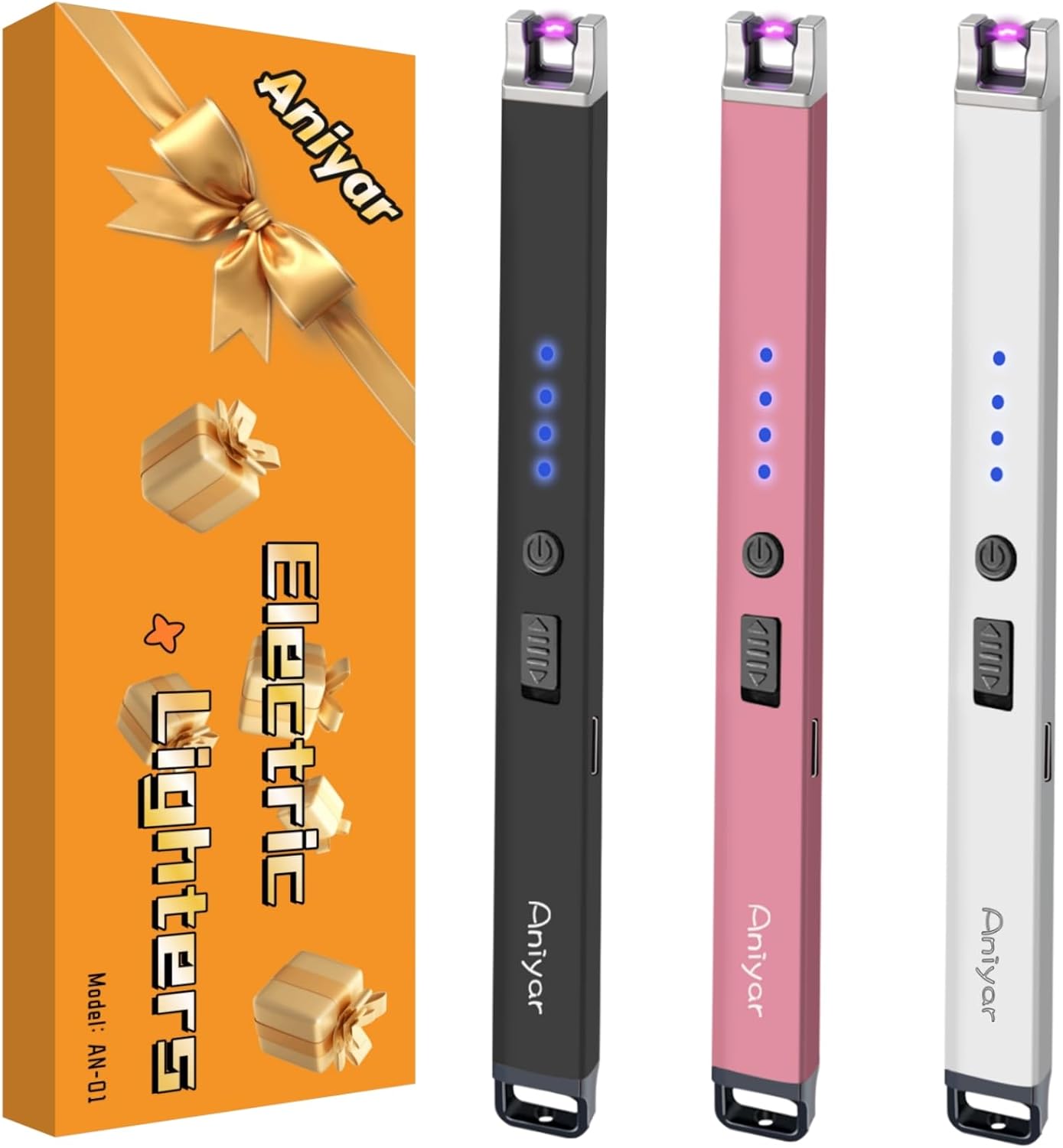 Christmas Stocking Stuffers - 3 Pack Electric Lighter, Birthday Gifts for Women Mom Men Wife Sister, Rechargeable USB Arc Long Candle Lighters for Candle Camping BBQ Black/Rose/Silver