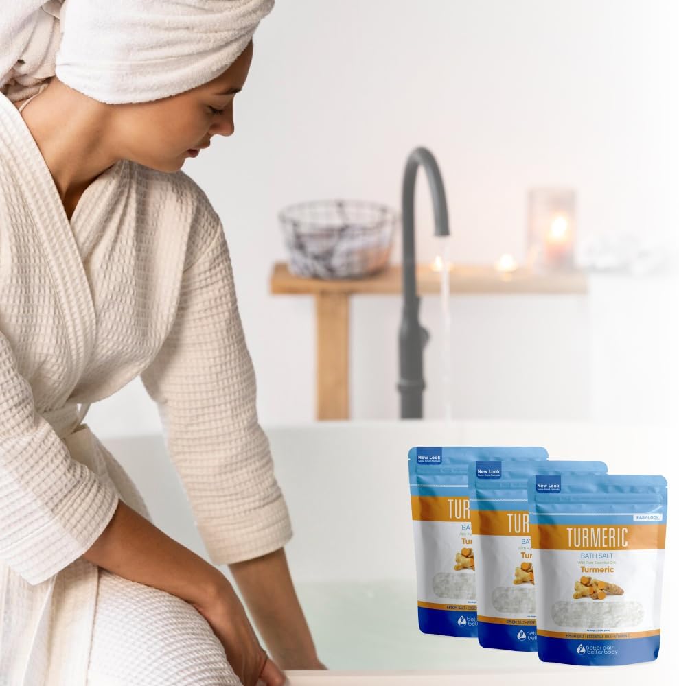 Turmeric Bath Salt (3 Pack 6 Lbs Total) Soothing Bath Aromatherapy Pure Essential Oils in BPA Free Pouch with Press Lock Seal Made in USA Three 2 Lbs Bundle