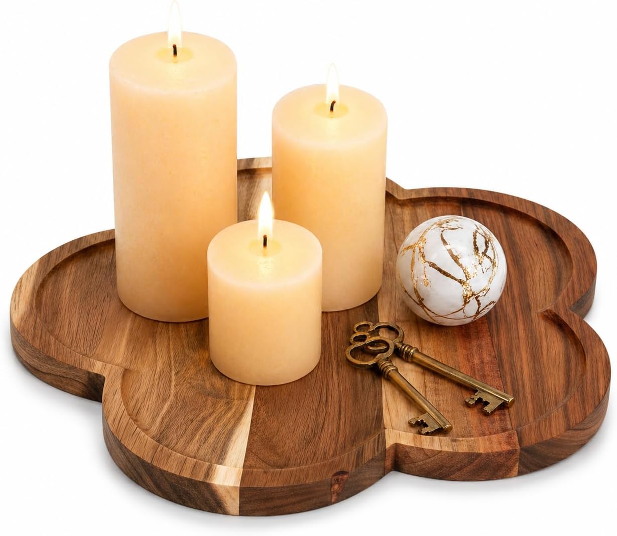 11.8" Acacia Wood Flower-Shaped Tray, Wooden Candle Tray, Decorative Candle Holder Candle Plate Jewelry Organizer, Farmhouse Serving Tray for Food, Drinks, Jewelry, Key, Vanity & Home Decor