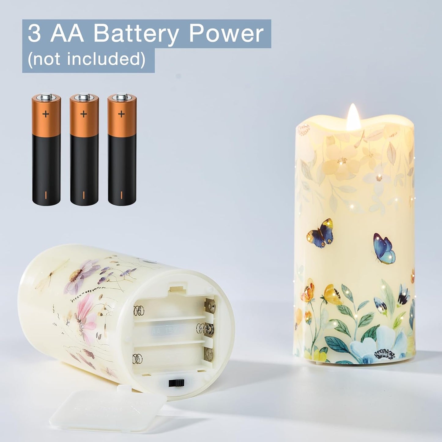 Eywamage Fiber Optic Flameless Pillar Candles with Remote Set of 3, Butterfly Floral Summer LED Candles Home Decor Φ 3" H 6"