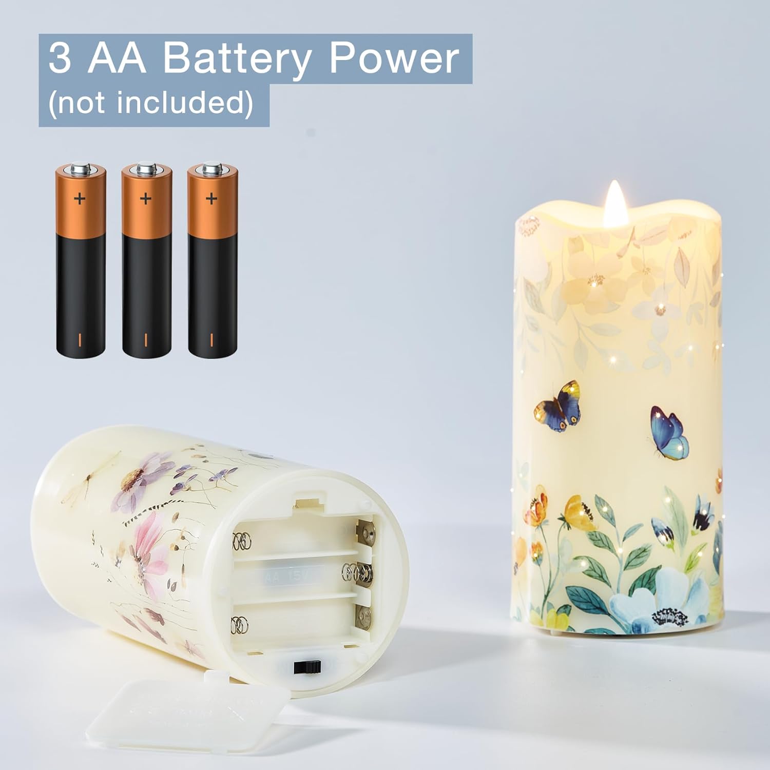 Eywamage Fiber Optic Flameless Pillar Candles with Remote Set of 3, Butterfly Floral Summer LED Candles Home Decor Φ 3" H 6"