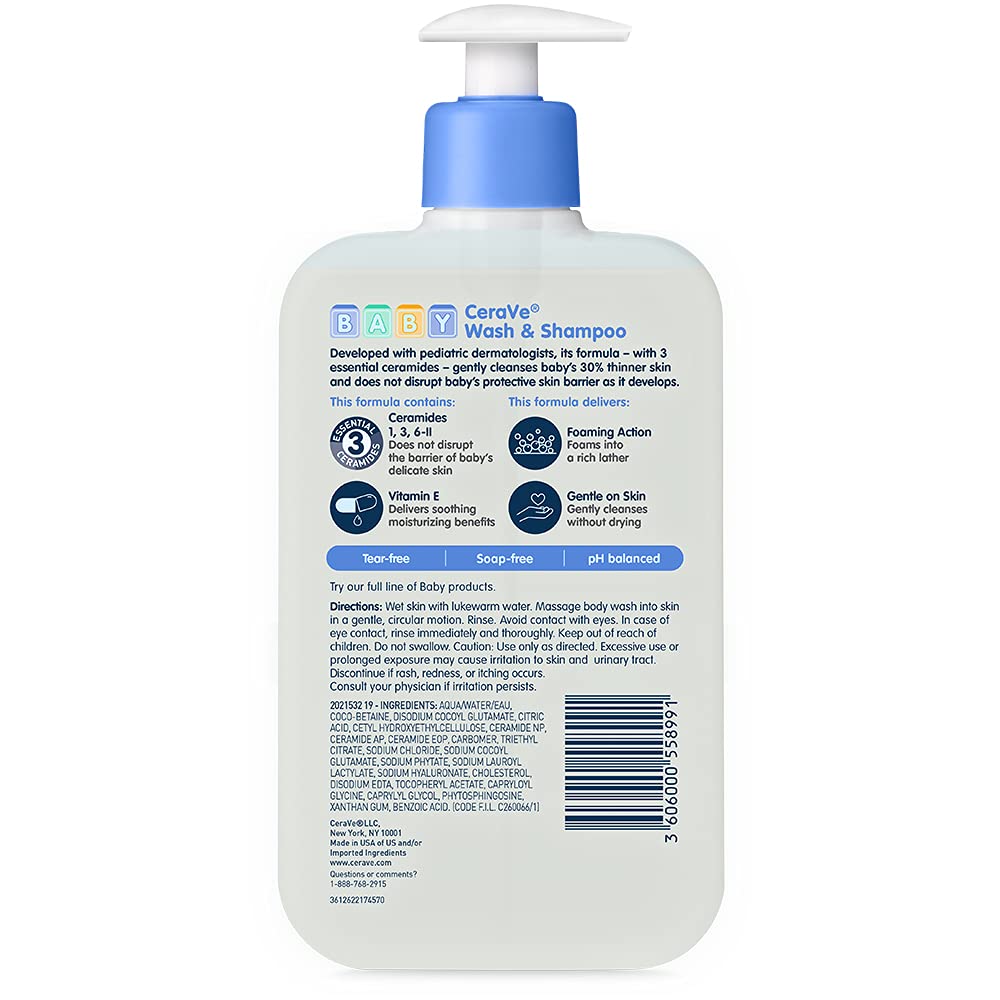 CeraVe Baby Wash & Shampoo, Tear-Free 2-in-1 Bath Wash for Hair & Skin, with Vitamin E, Fragrance-Free, Paraben-Free, Dye-Free, Phthalates-Free, Sulfate-Free, 16oz
