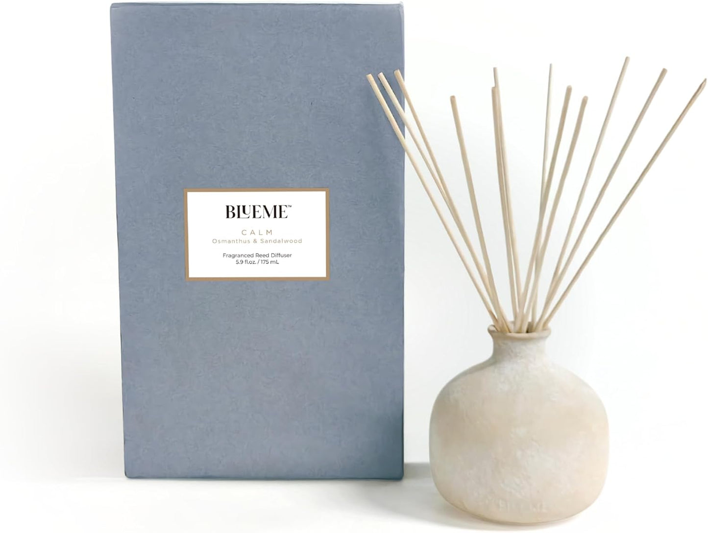 Blueme Calm Diffuser | Osmanthus & Sandalwood | 5.92 Fl Oz - Refillable Wellness Diffuser, Contains Essential Oil, Sustainable, Hand Finished, Premium, Luxury Ceramic, Natural Rattan Reeds, | Small