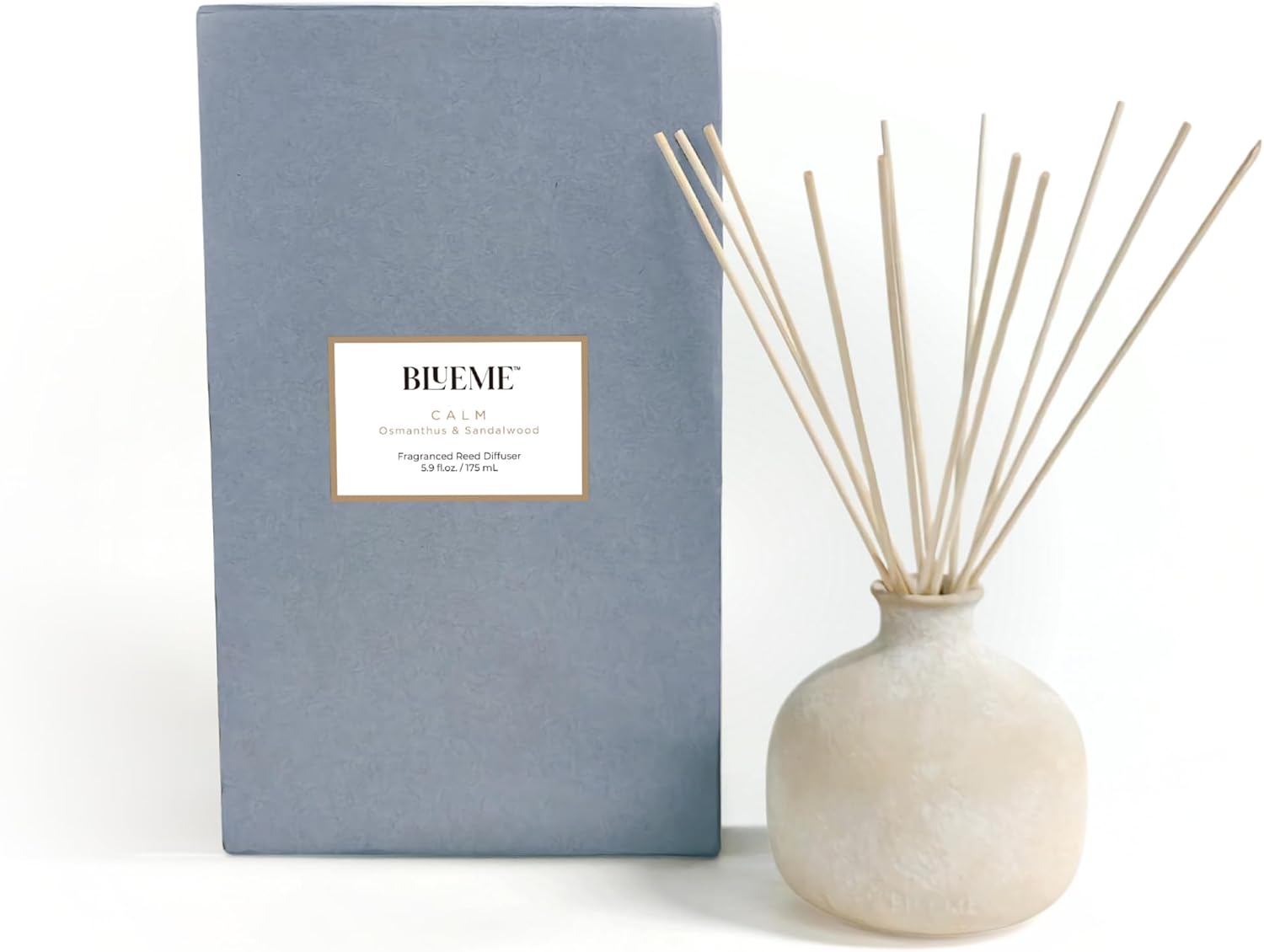 Blueme Calm Diffuser | Osmanthus & Sandalwood | 5.92 Fl Oz - Refillable Wellness Diffuser, Contains Essential Oil, Sustainable, Hand Finished, Premium, Luxury Ceramic, Natural Rattan Reeds, | Small