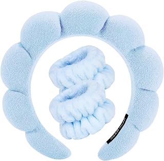 Spa Headbands for Washing Face Wristband Set Sponge Makeup Skincare Headband Wrist Towels Bubble Soft Terry Towel Cloth Hairband for Women Puffy Headwear Non Slip Thick Thin Hair Headwear (Blue)