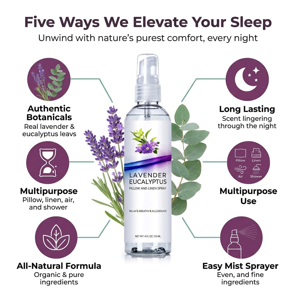 Lavender Eucalyptus Pillow and Linen Spray, Home Essential Oil Mist to Relax The Body & Mind, Natural Aromatherapy Sleep Spray, Calming Formula (Lavender Eucalyptus, 4oz)