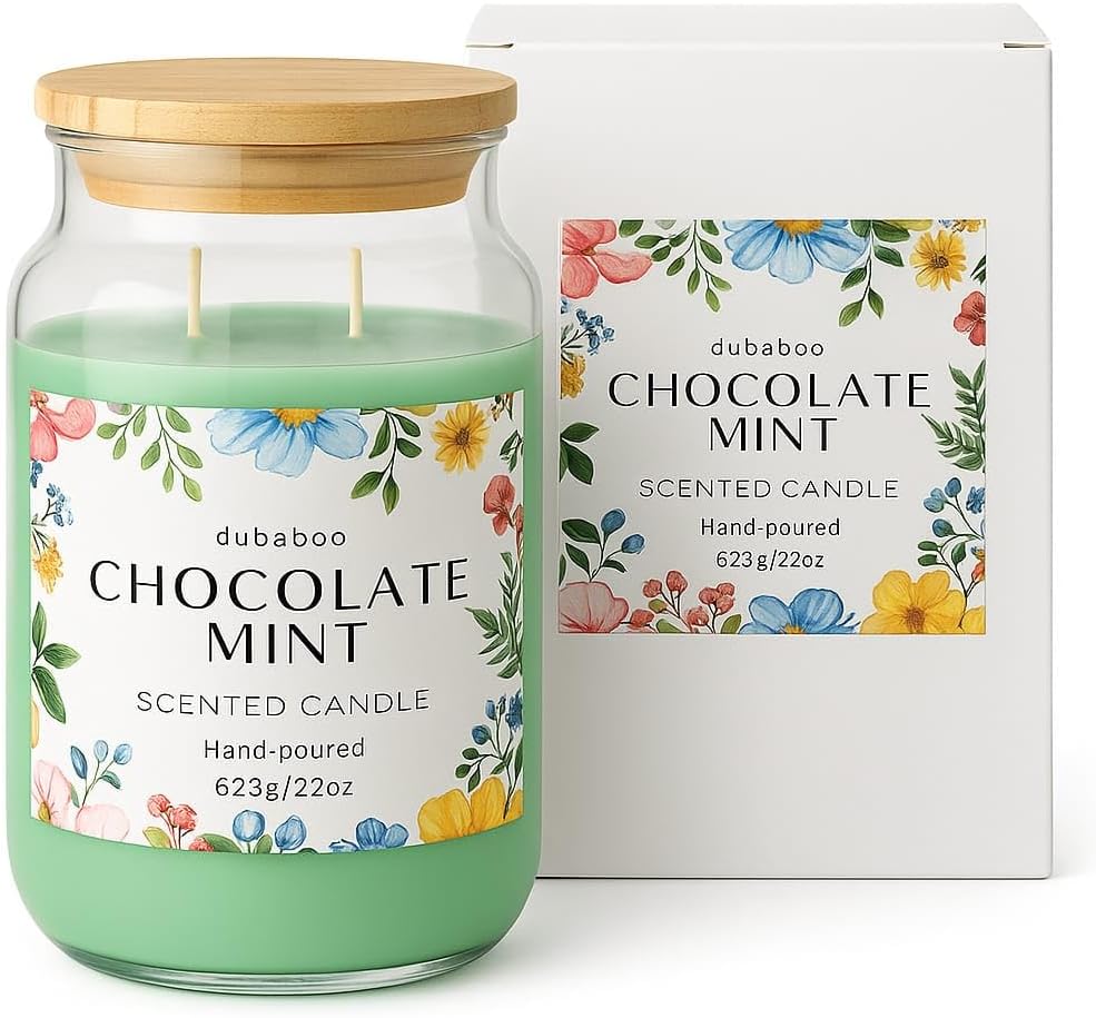 Large 22oz Soy Candle – Long Lasting 80+ Hour Burn, Hand Poured Clean Burning Scented Candle with Cotton Wick, Reusable Glass Jar – Chocolate Mint | DUBABOO