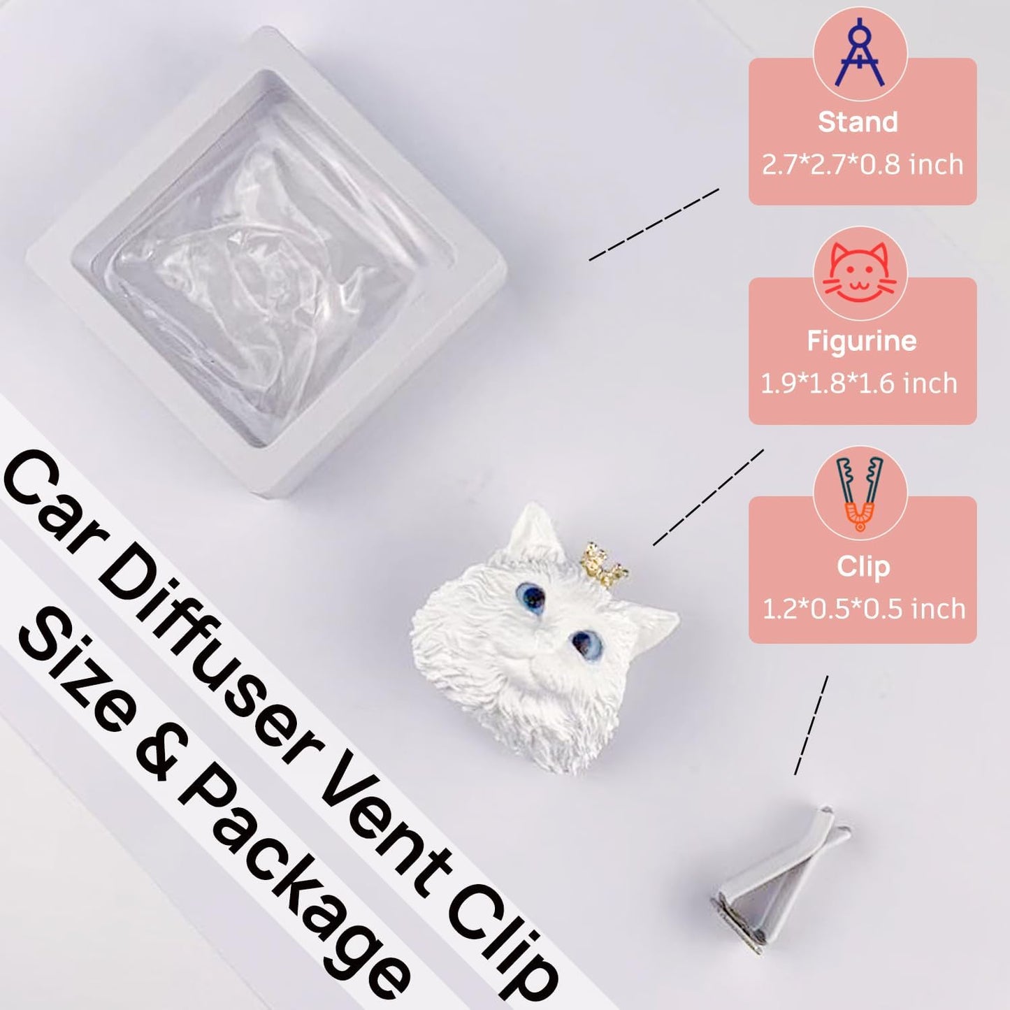 Car essential oil diffuser with vent clip cute kitty gypsum figurine car diffuser car decor air vent clips for women men (Sky blue eyes, one size)