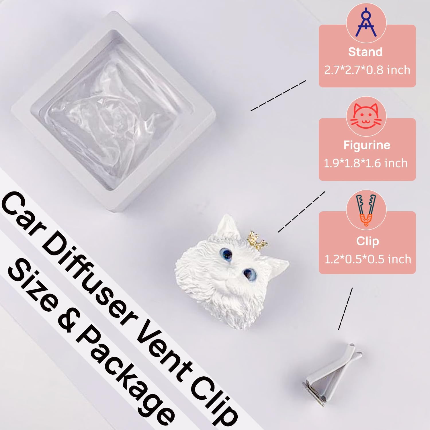 Car essential oil diffuser with vent clip cute kitty gypsum figurine car diffuser car decor air vent clips for women men (Sky blue eyes, one size)