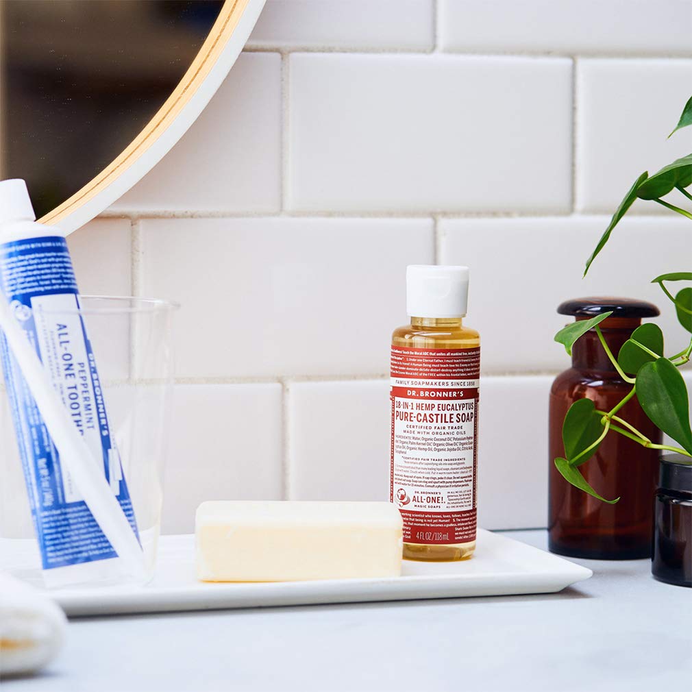 Dr. Bronner's - Pure-Castile Liquid Soap (Eucalyptus, 4 ounce) - Made with Organic Oils, 18-in-1 Uses: Face, Body, Hair, Laundry, Pets and Dishes, Concentrated, Vegan, Non-GMO
