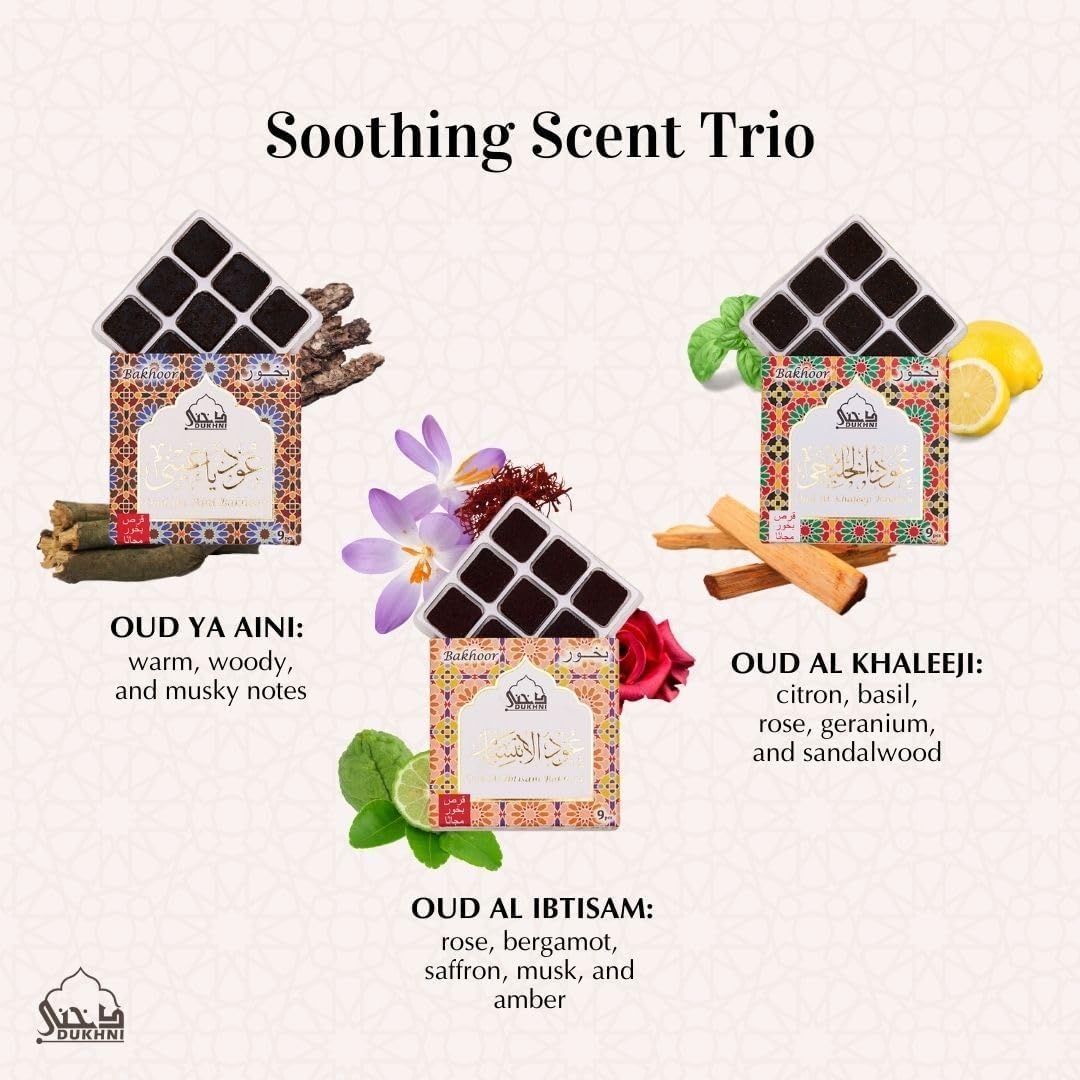 Oud Ya Aini, Oud Al Khaleeji, Oud Al Ibtisam Bakhoor Set by Dukhni | 3 x 9 Piece Each & Tree Bakhoor Burner | Arabic Bakhoor Incense | Great Gift & Decor for Ramadan Eid Hampers