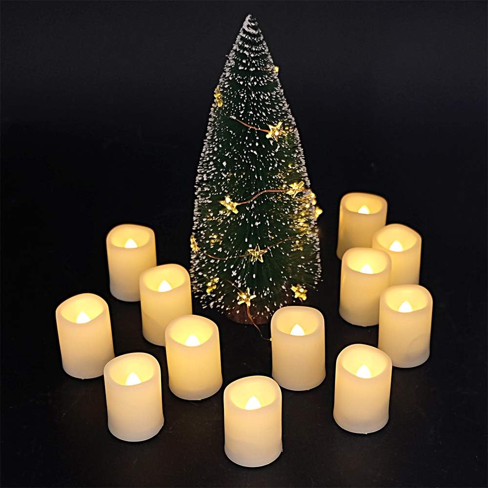 Flameless Flickering LED Votive Candles Remote and Timer, Battery Operated Tealights Battery Included, Amber Yellow Light 1.5 x 2 inch Set of 12 for Christmas Decoration