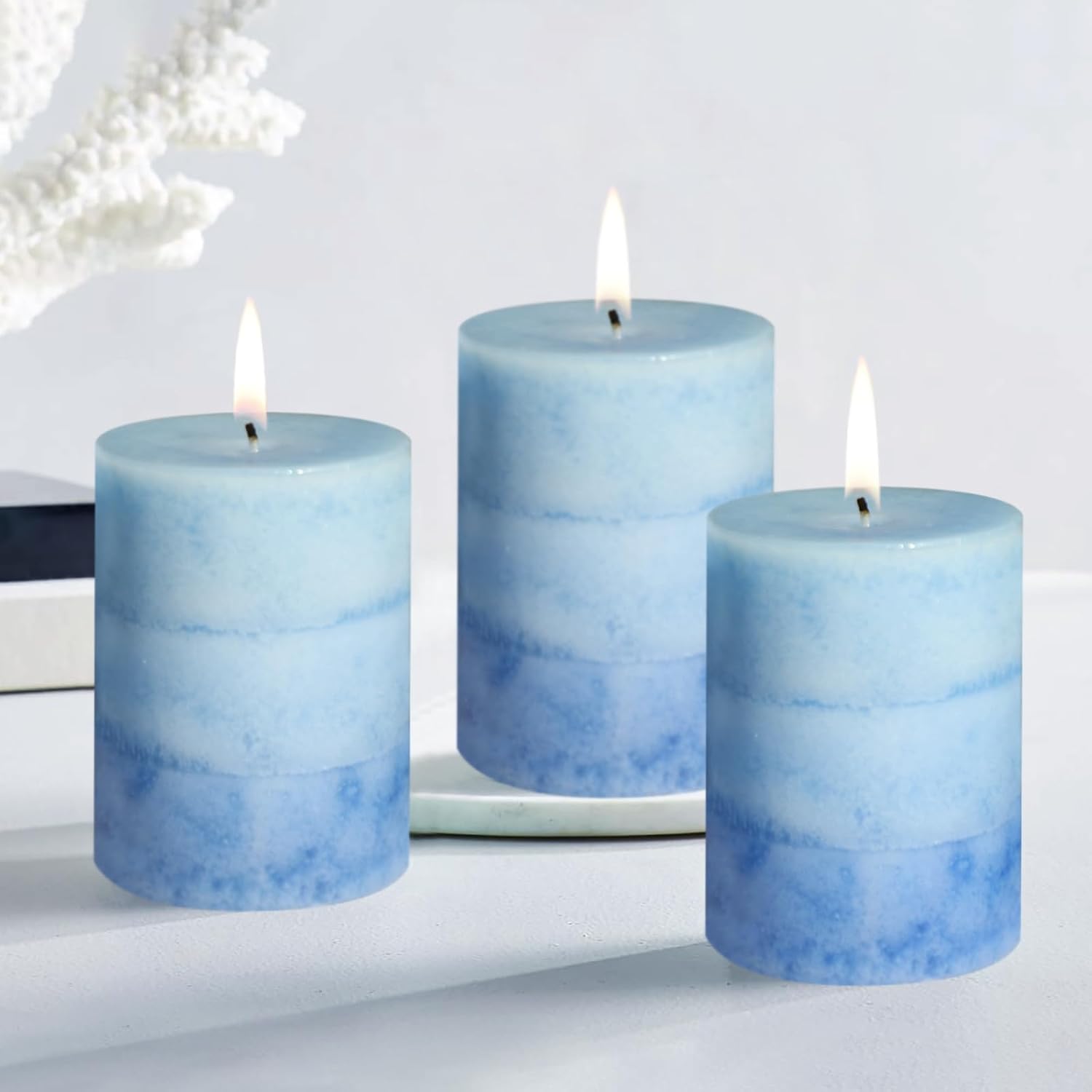 Blue Pillar Candles for Home Scented, Set of 3 Strong Ocean Fragrance Scented Candles, 50+ Hrs Long Burning Candles Set