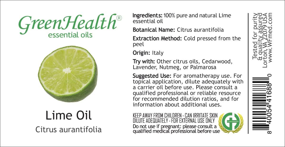 GreenHealth Lime - 4 fl oz (118 ml) Glass Bottle with Cap - 100% Pure Essential Oil