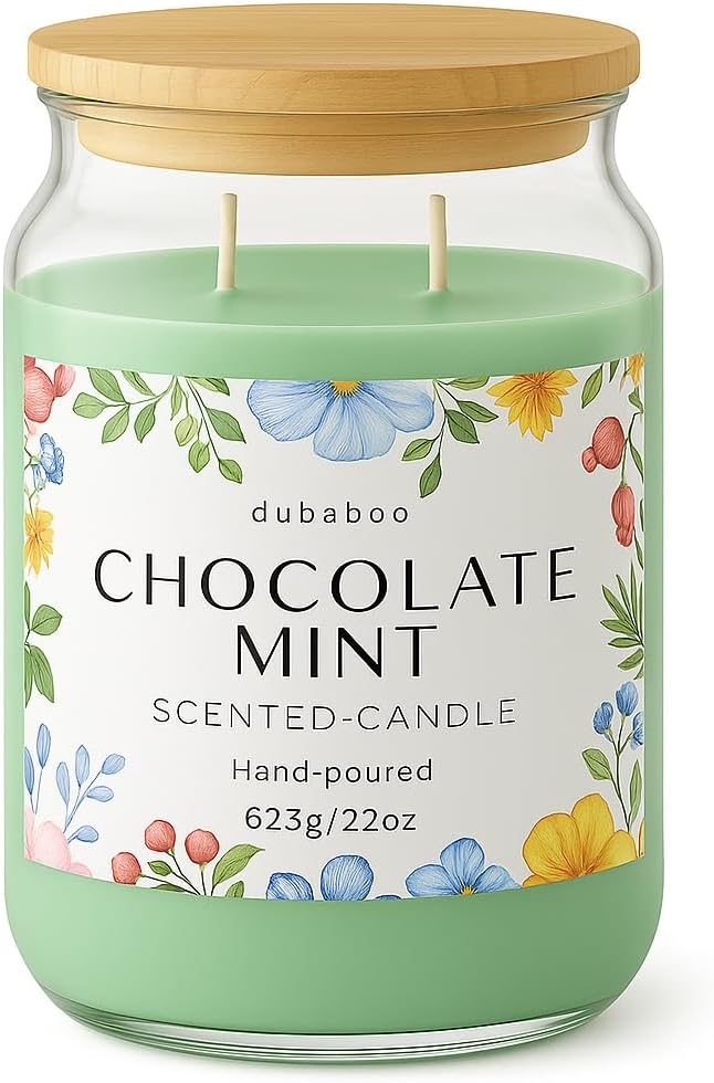 Large 22oz Soy Candle – Long Lasting 80+ Hour Burn, Hand Poured Clean Burning Scented Candle with Cotton Wick, Reusable Glass Jar – Chocolate Mint | DUBABOO