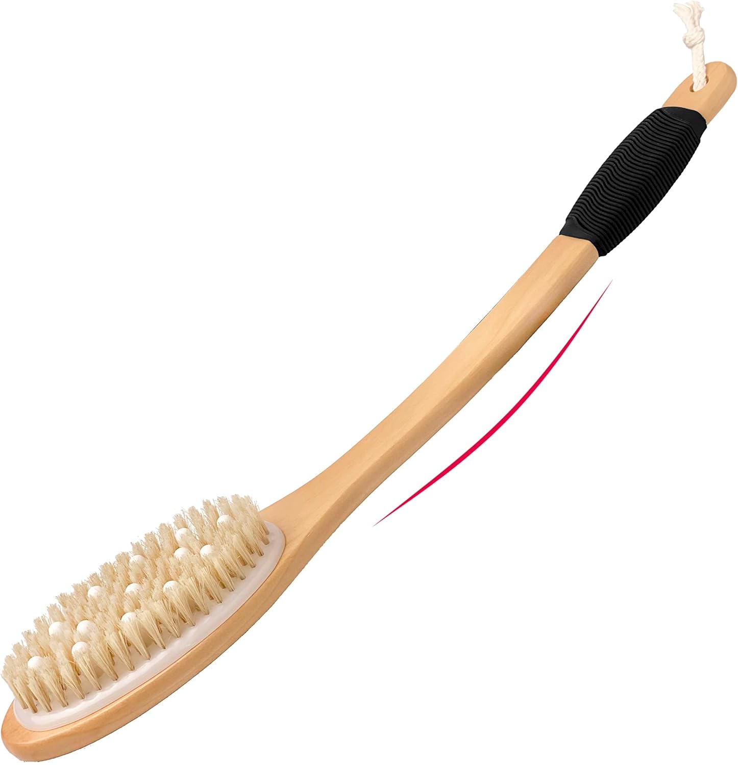 OWIIZI Bath Brush with Cellulite Massagers, Wooden Curved Long Handle Antiskid Dry Brushing Body Brush for Exfoliating, Natural Bristle Back Scrubber for Shower Use Wet or Dry for Men Women Elders