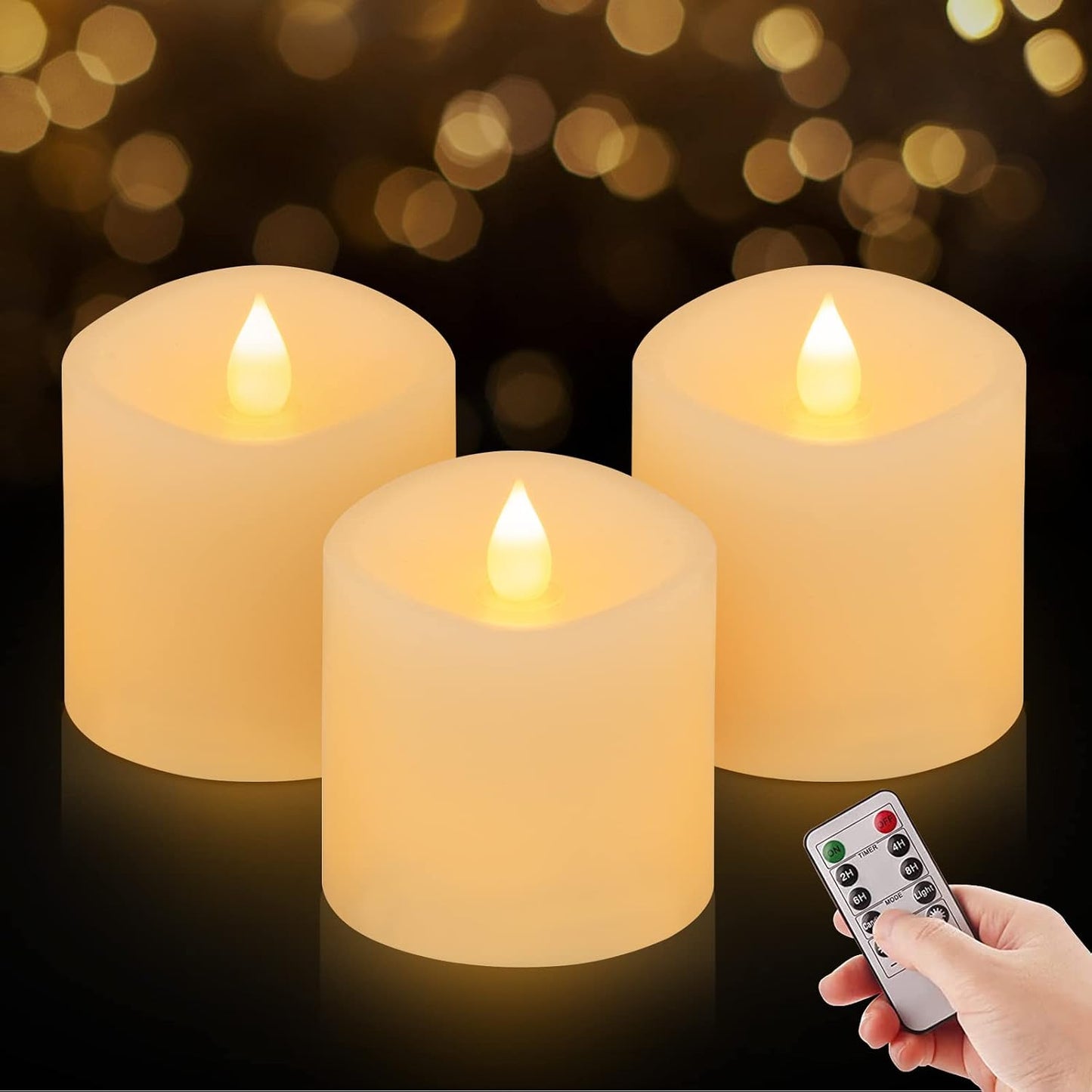 3x3 Flickering Flameless Candles Set of 3, 2AA Battery Life 600 Hours Battery Candles Flickering with Timer,3 inch Flameless Candles with Remote for Indoor/Outdoor, White