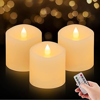 3x3 Flickering Flameless Candles Set of 3, 2AA Battery Life 600 Hours Battery Candles Flickering with Timer,3 inch Flameless Candles with Remote for Indoor/Outdoor, White