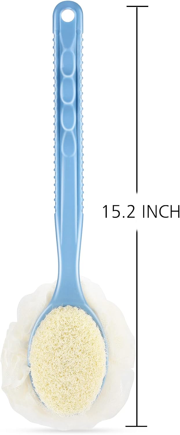 Shower Body Brush with Bristles and Loofah,Back Scrubber Bath Mesh Sponge with Curved Long Handle for Skin Exfoliating Bath, Massage Bristles Suitable for Wet or Dry, Men and Women (Blue)