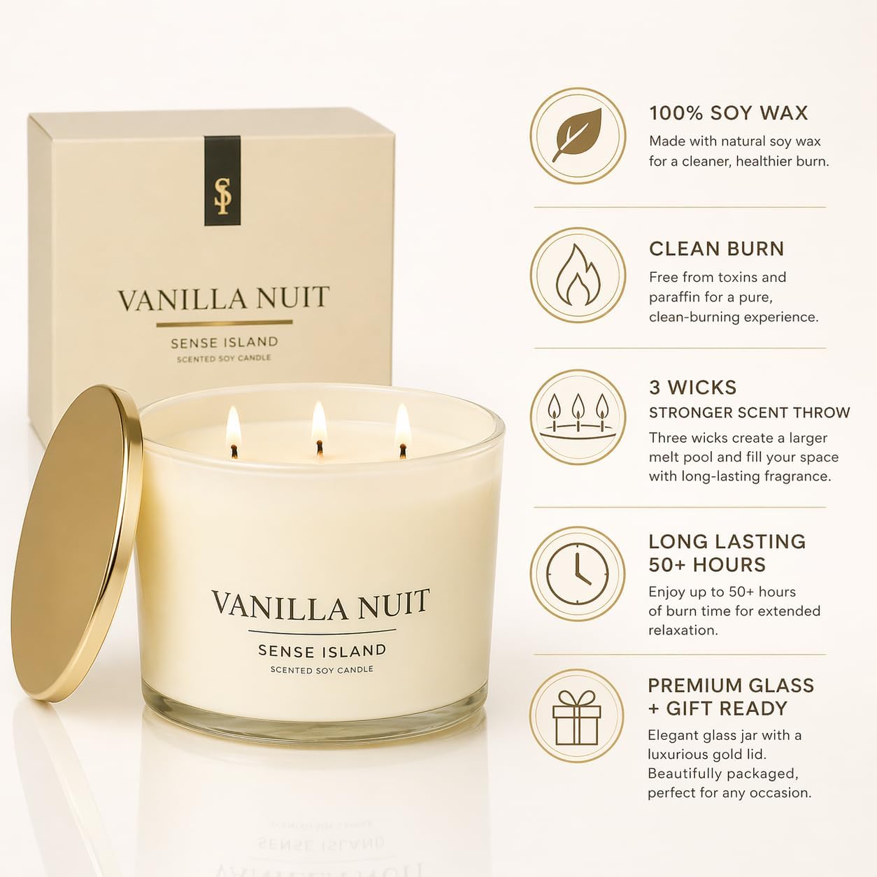 Vanilla Nuit 3 Wick Soy Candle – Large Creamy Vanilla Scented Candle for Home with Gold Lid & Beige Glass Vessal, Natural Soy Wax, Long Lasting Burn – Sensual Gourmand Fragrance, Luxury Gift for Women