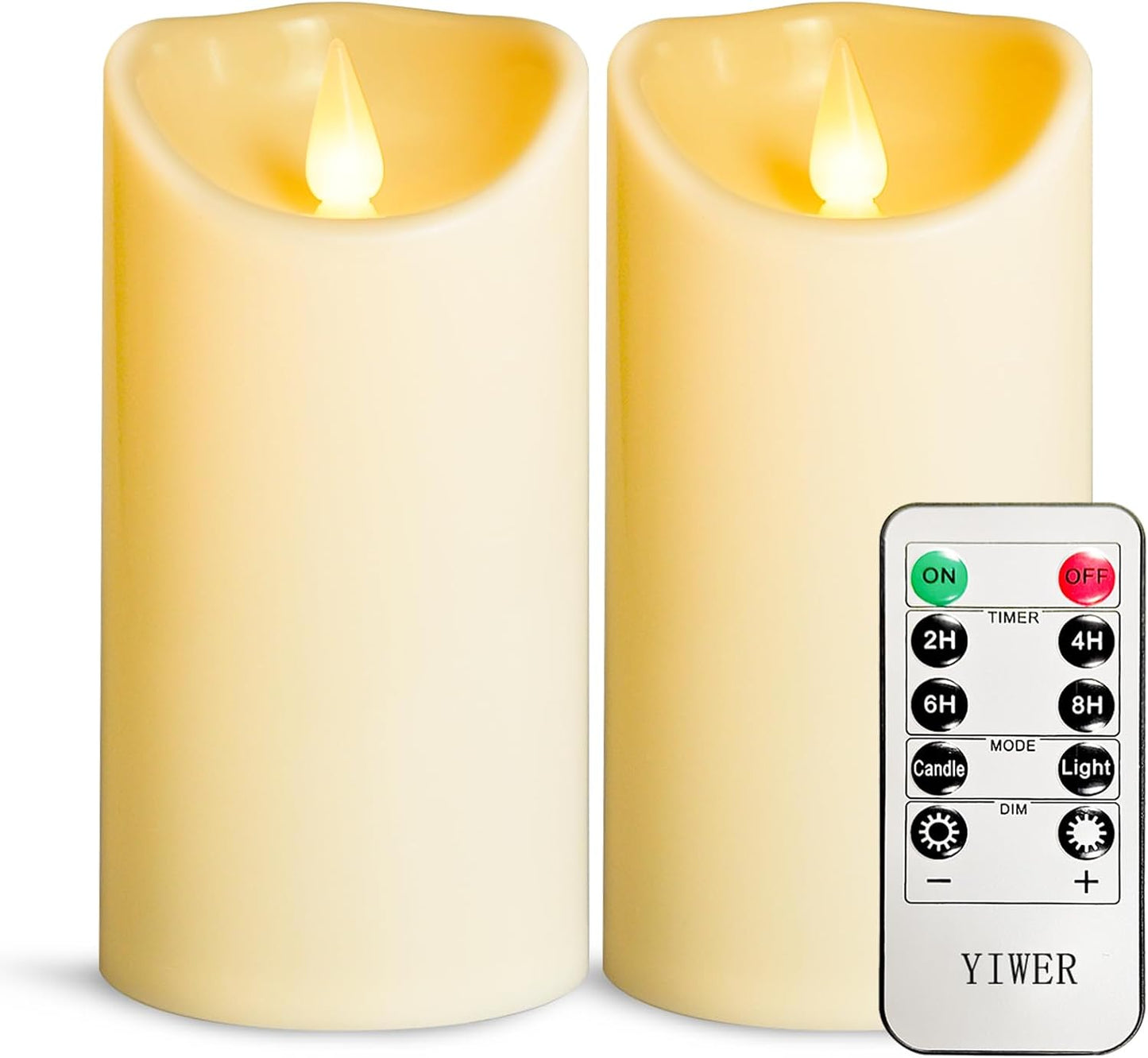 YIWER Flameless Plastic LED Candles,Pack of 2 Battery Operated Flickering Candle with Remote Control and Timer Electric Fake Light D3 H6 Ivory Pillar