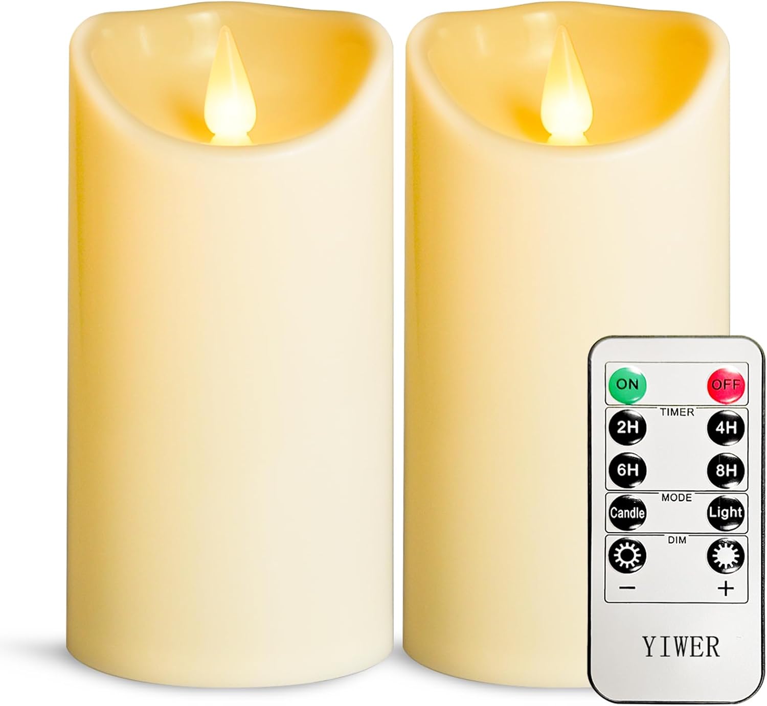 YIWER Flameless Plastic LED Candles,Pack of 2 Battery Operated Flickering Candle with Remote Control and Timer Electric Fake Light D3 H6 Ivory Pillar