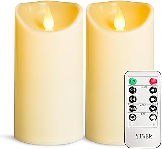 YIWER Flameless Plastic LED Candles,Pack of 2 Battery Operated Flickering Candle with Remote Control and Timer Electric Fake Light D3 H6 Ivory Pillar