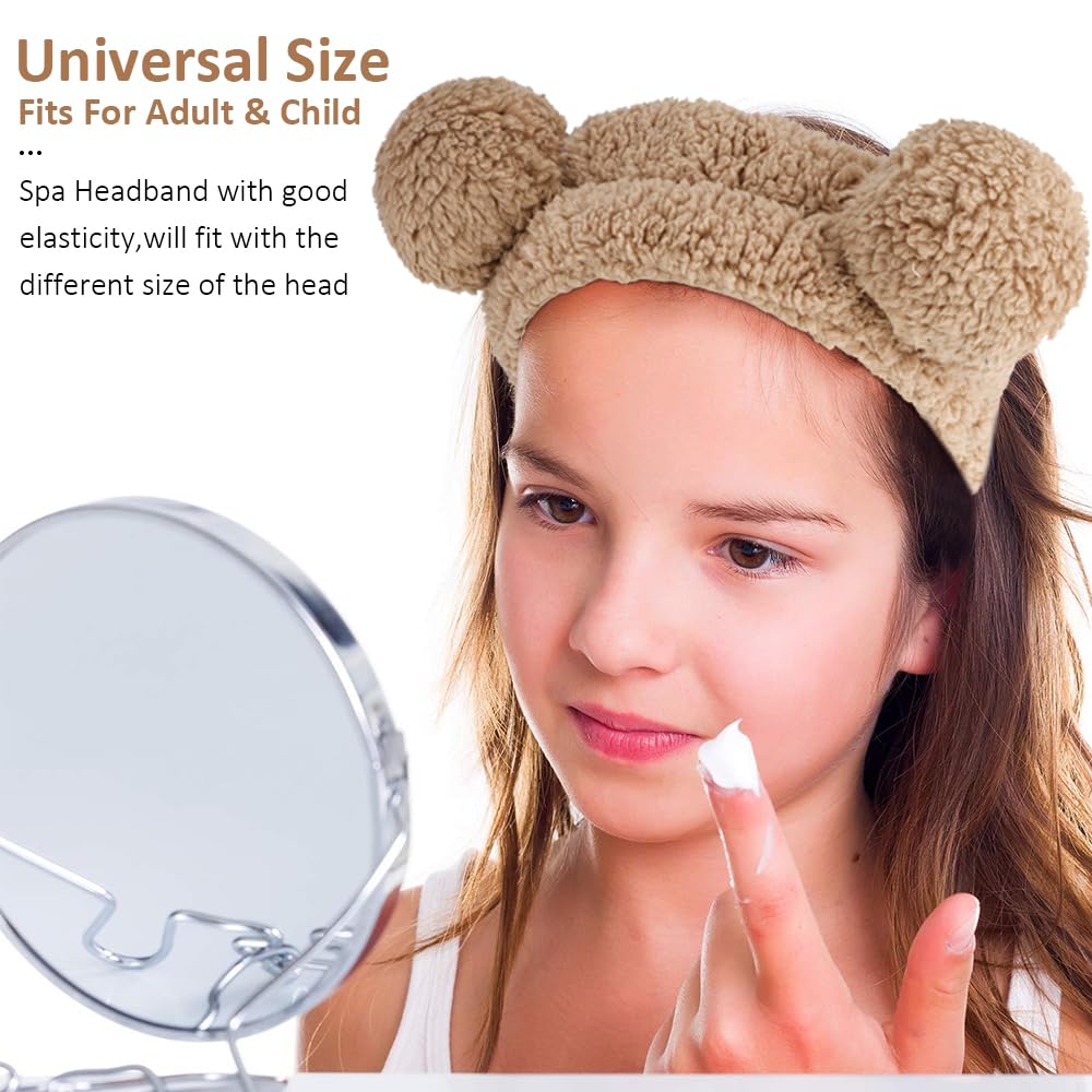 AHONEY Spa Bear Ears Headband, Face Wash Headband and Wristband Set, Cute Fluffy Makeup Skincare Headbands Wrist Bands for Washing Face Elastic for Women Girls Cosmetic (Khaki)
