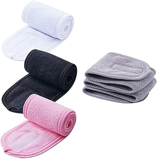 4 PCS Facial Spa Headbands(White, Black, Pink，Gray)， Makeup Shower Bath Wrap Sport Headband Terry Cloth Stretch Towel with Magic Tape