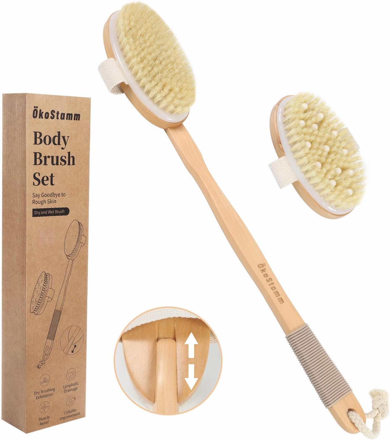 Dry Brushing Body Brush - Natural Bristle Dry Brush Set with 2 Detachable Heads, Wooden Long Handle Dry Body Brush for Lymphatic Drainage, Exfoliating and Cellulite Treatment