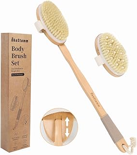 Dry Brushing Body Brush - Natural Bristle Dry Brush Set with 2 Detachable Heads, Wooden Long Handle Dry Body Brush for Lymphatic Drainage, Exfoliating and Cellulite Treatment