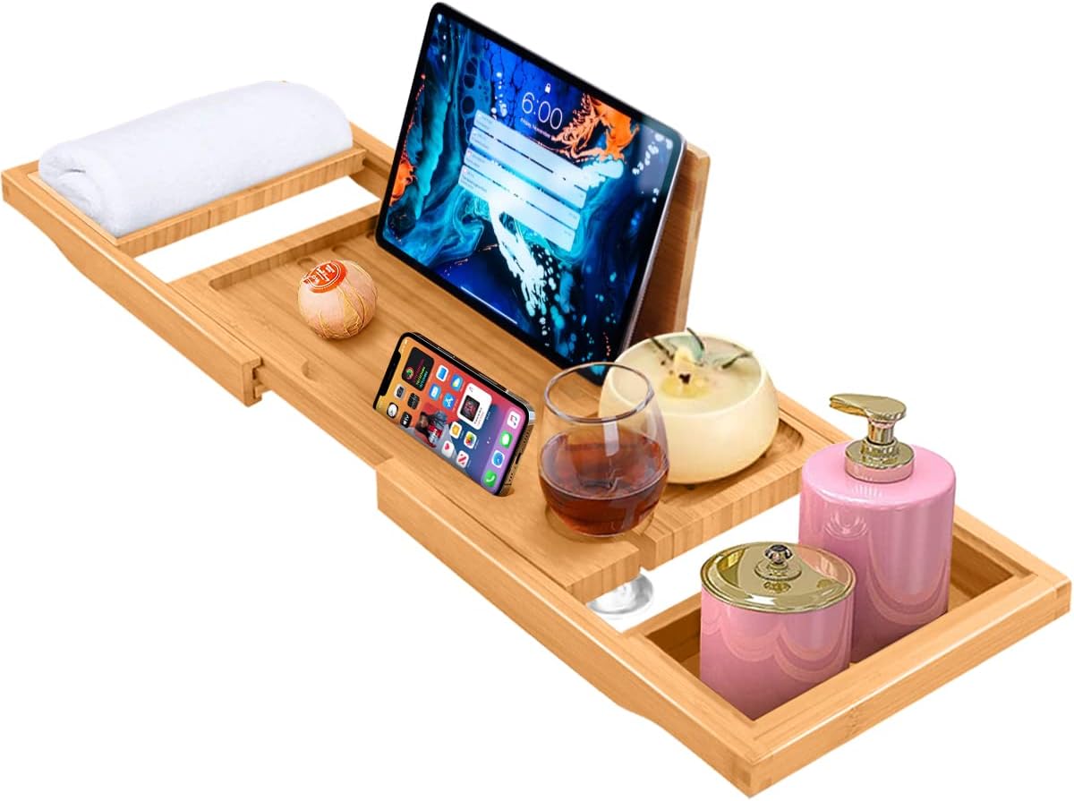 Bathtub Tray Caddy Expandable, Foldable Bath Tray, Bathtub Trays for Tub with Book, Wine Glass Holder, Anniversary House Warming Gifts, Relaxation, Bathroom Accessories, Fits Most Bathtubs Sizes