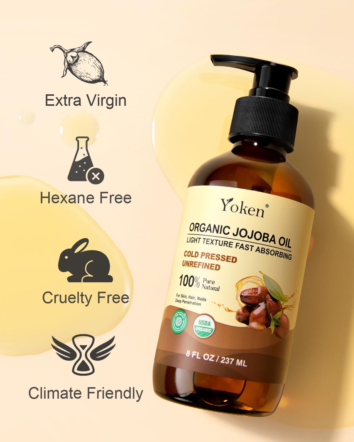 Yoken Organic Jojoba Oil in Glass Bottle 8oz, USDA Organic for Hair &amp; Skin