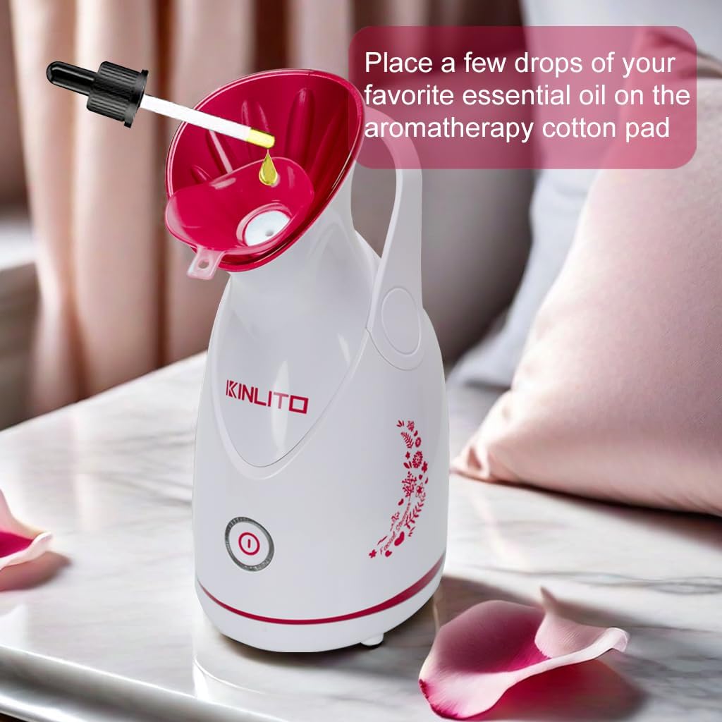 KINLITO Facial Steamer Ionic Face Steamer for Home Facial, Warm Mist Portable Facial Steamer for Deep Cleaning Unclog Pores with Blackhead Remover, Aromatherapy Kit for Personal Home SPA (Rose Red)